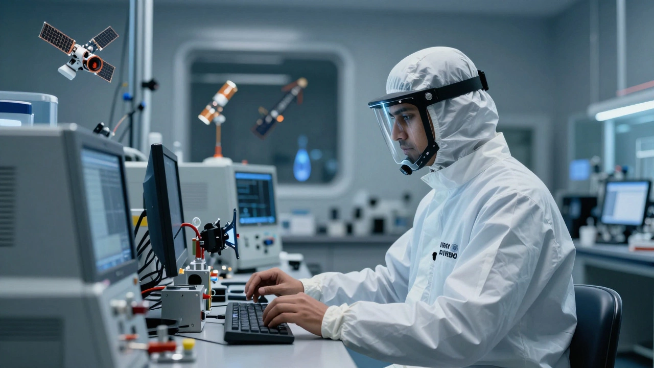 Scientist working in high-tech laboratory with aerospace equipment