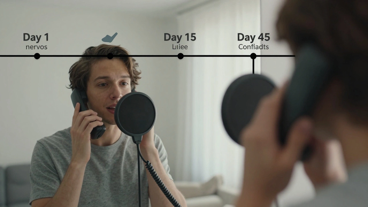 Someone recording themselves in front of a mirror, showing progress over time with subtle visual timeline.
