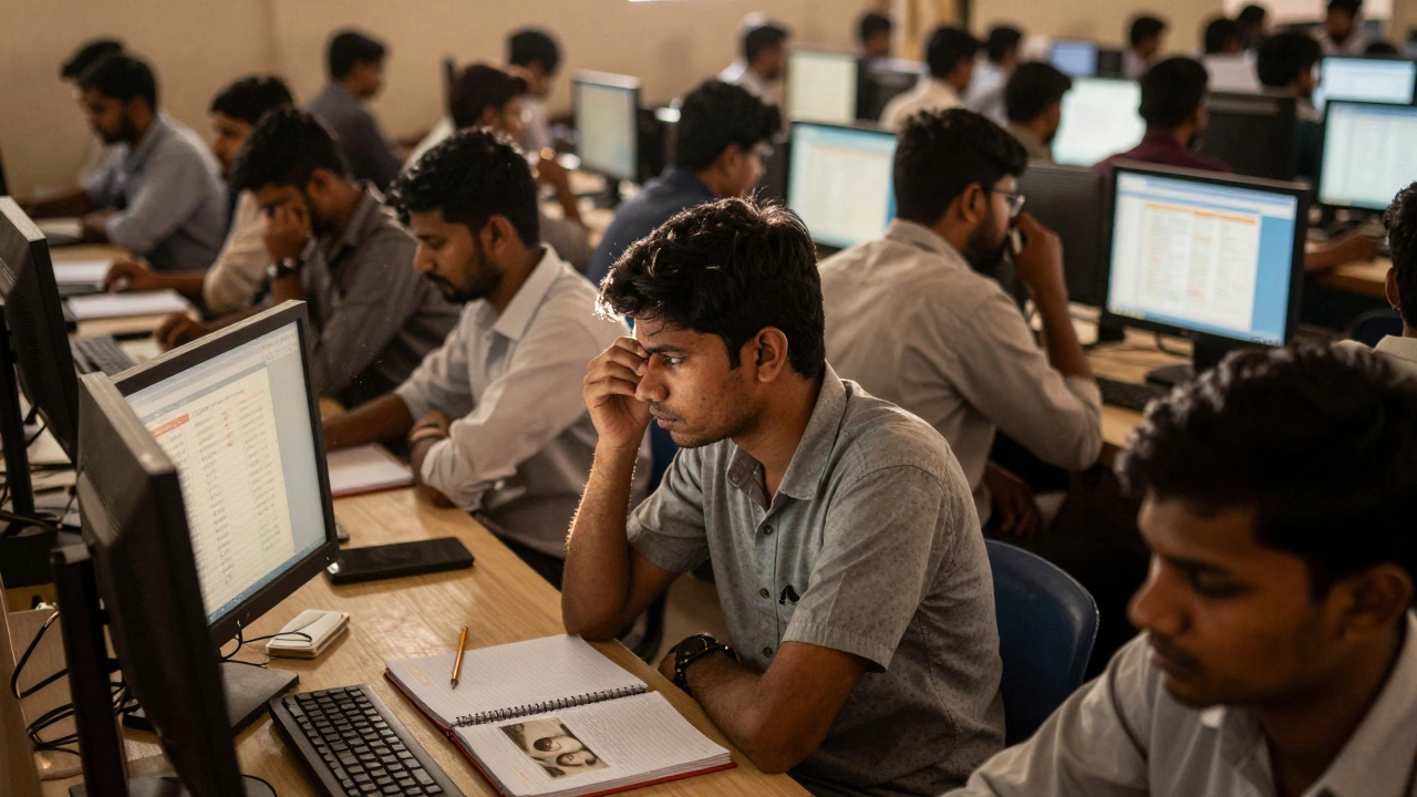UPSC aspirants sitting silently in a crowded hall, focused on their exam materials under dim morning light.