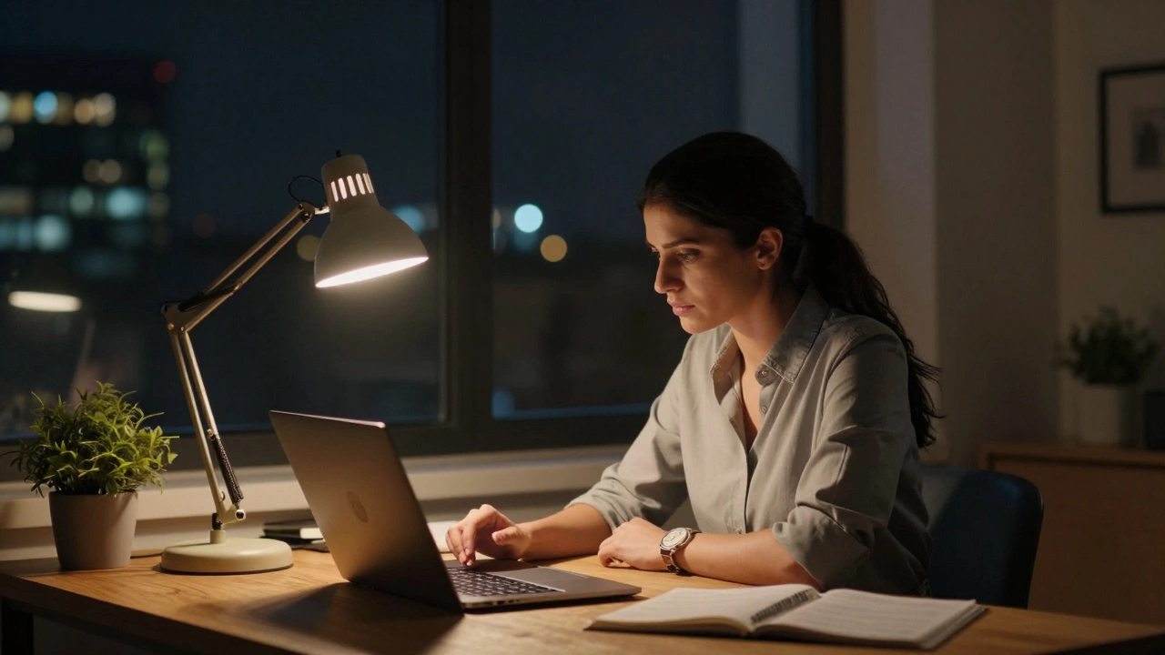 Woman studying late at night under a desk lamp in home workspace