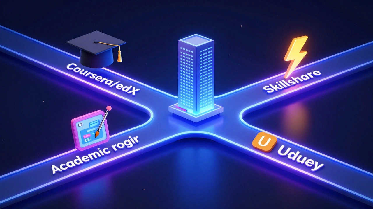 A conceptual digital crossroads showing different paths for academic, professional, and creative learning.