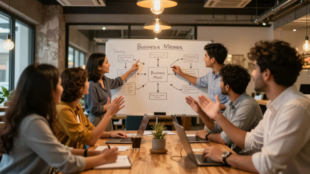 A group of diverse professionals collaborating on a business startup in a modern office.