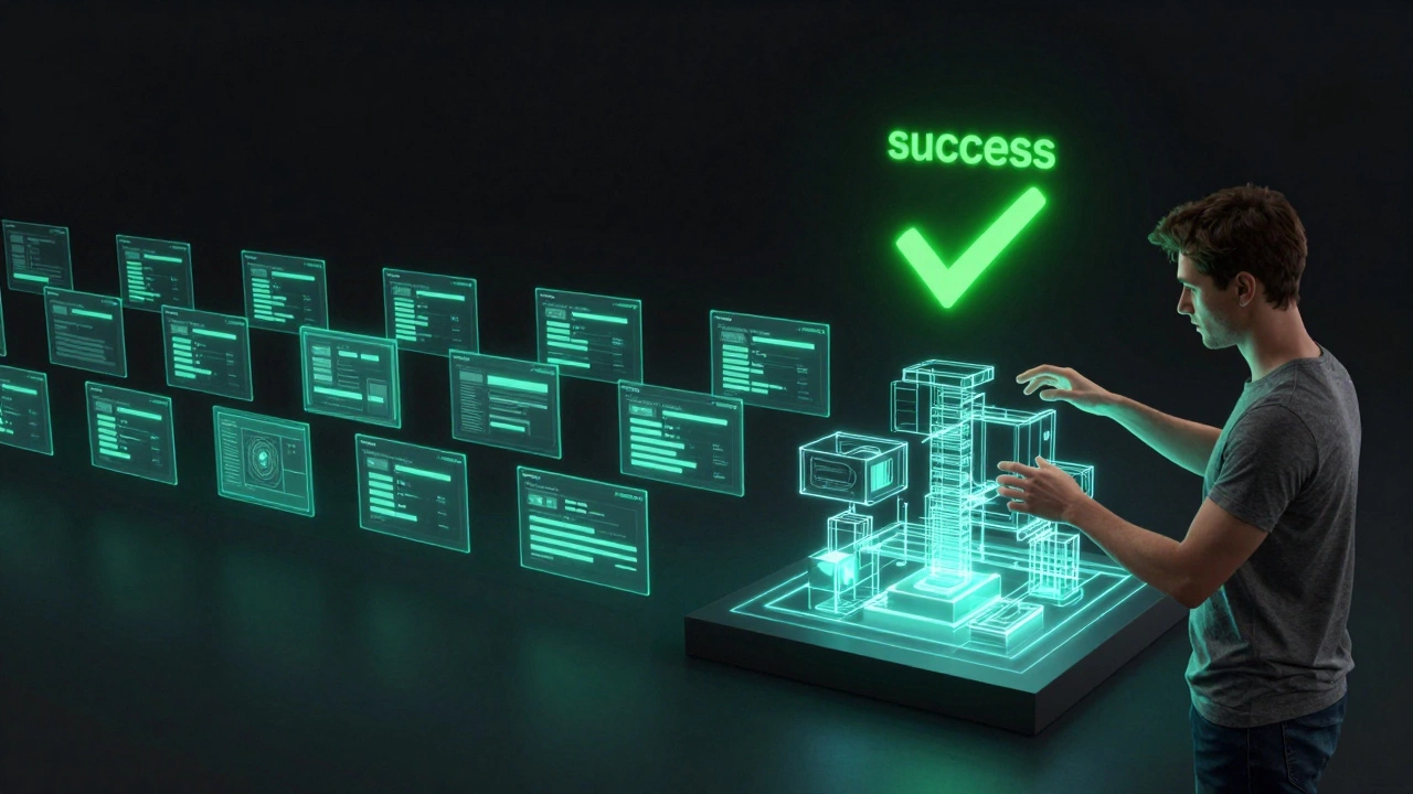 A person moving from watching tutorial screens to actively building a holographic software project.