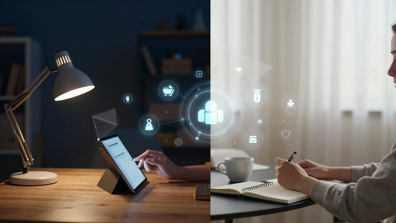 A person studying at home during different times of the day with digital learning icons.