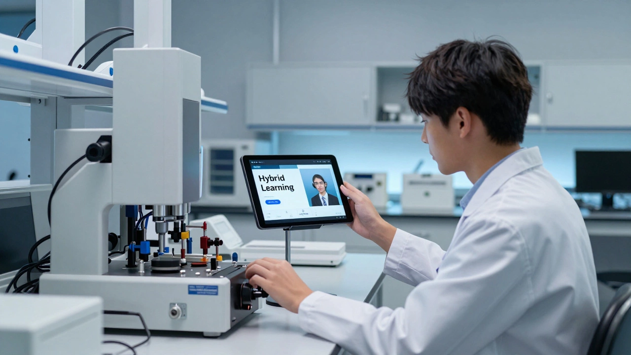 A student using a digital tablet for guidance while working with machinery in a modern lab.