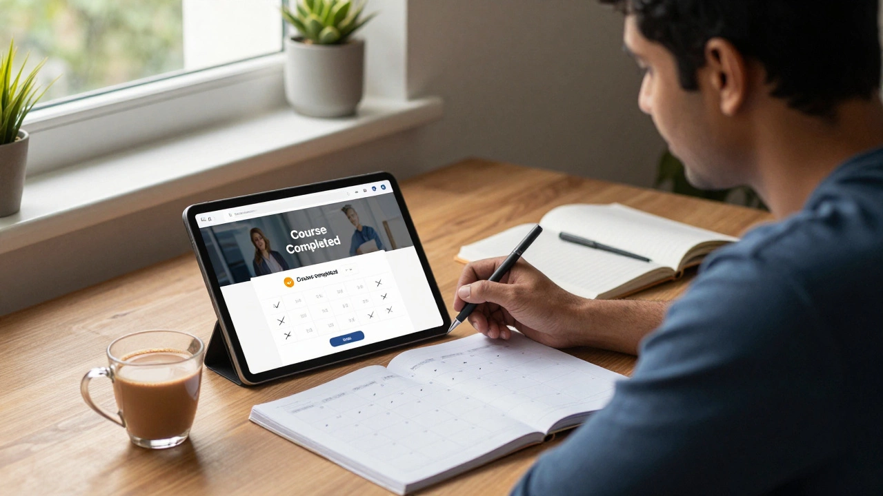 Adult student in India celebrating the completion of an online course at their home desk.