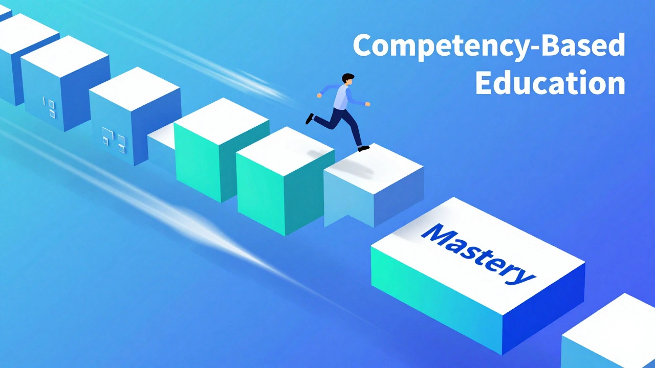 Conceptual 3D art showing a person leaping over academic modules to reach mastery quickly.