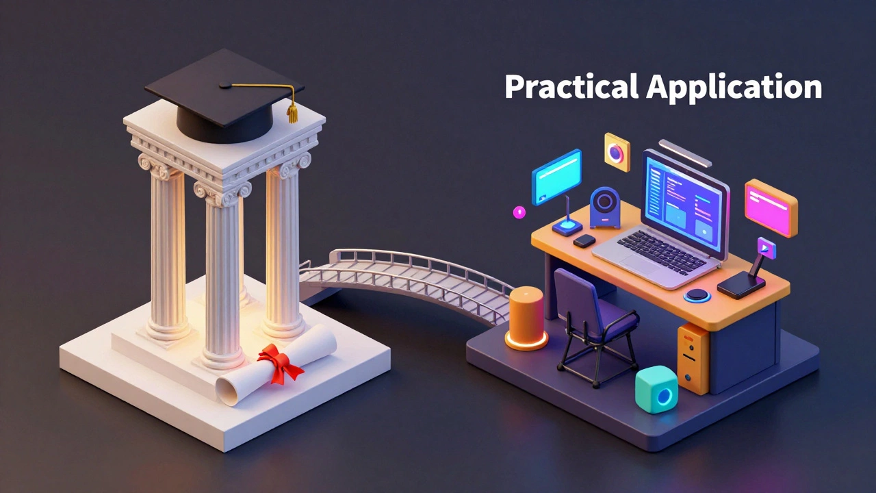 Isometric 3D art contrasting formal university education with practical project-based learning.