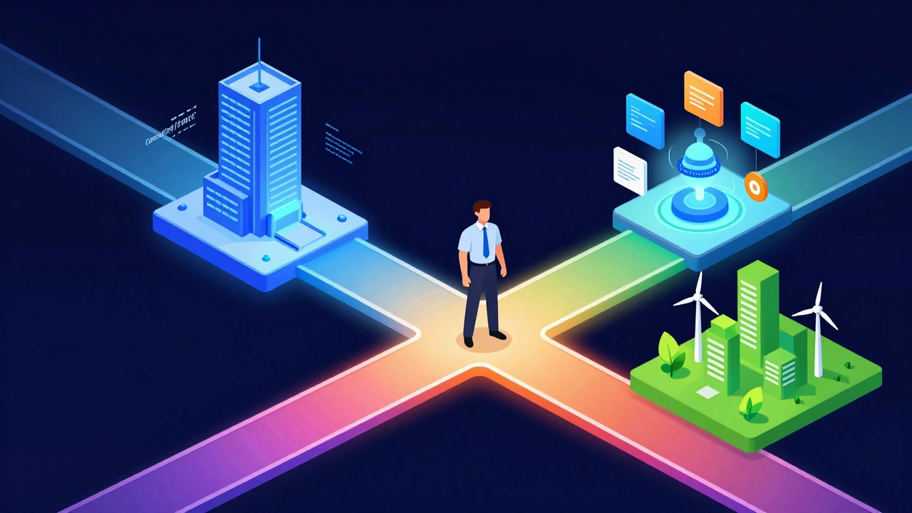 Isometric 3D paths leading to corporate, tech, and sustainable business careers.