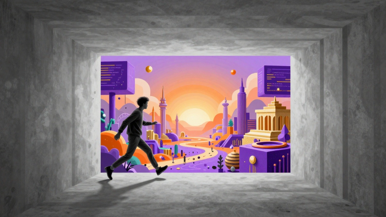 Person stepping out of a gray corridor into a colorful world of code.