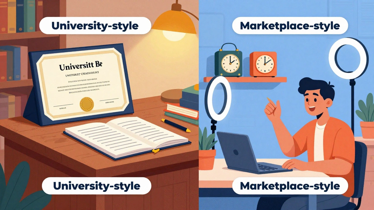 Split screen comparing a formal university study setting with a creative modern tutorial workspace.