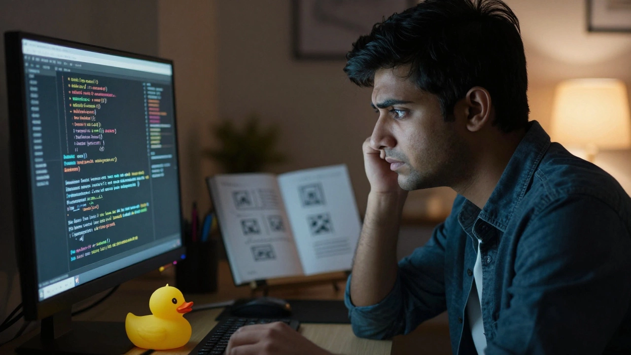 Stressed developer with a yellow rubber duck on a desk.
