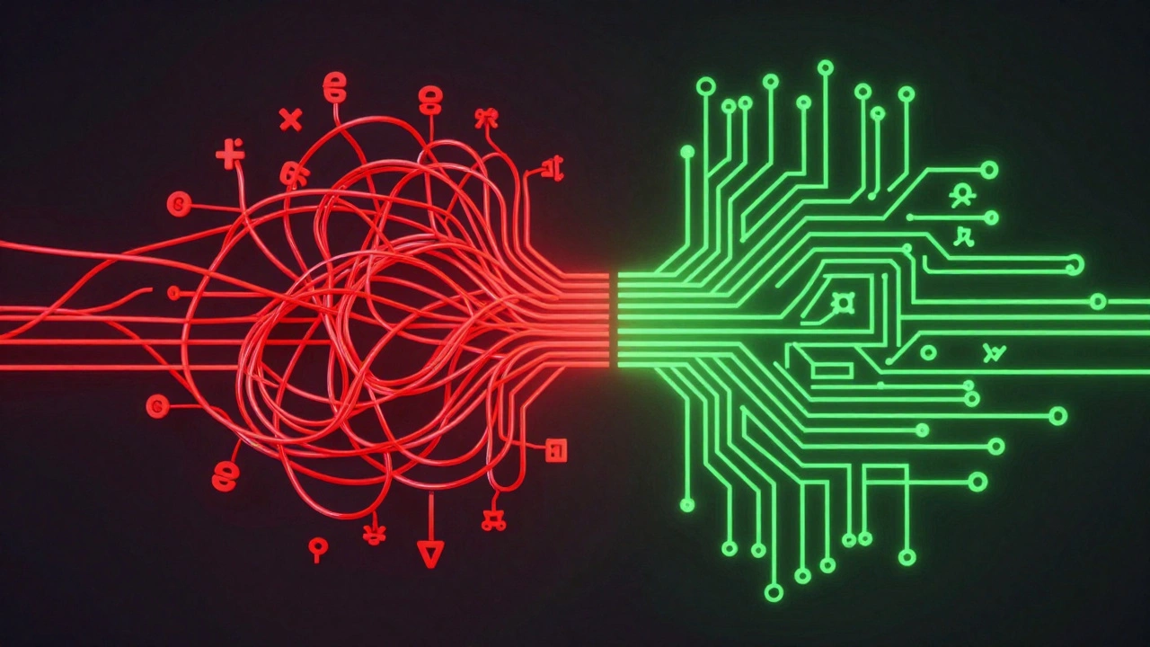 Abstract art showing chaos turning into organized code logic