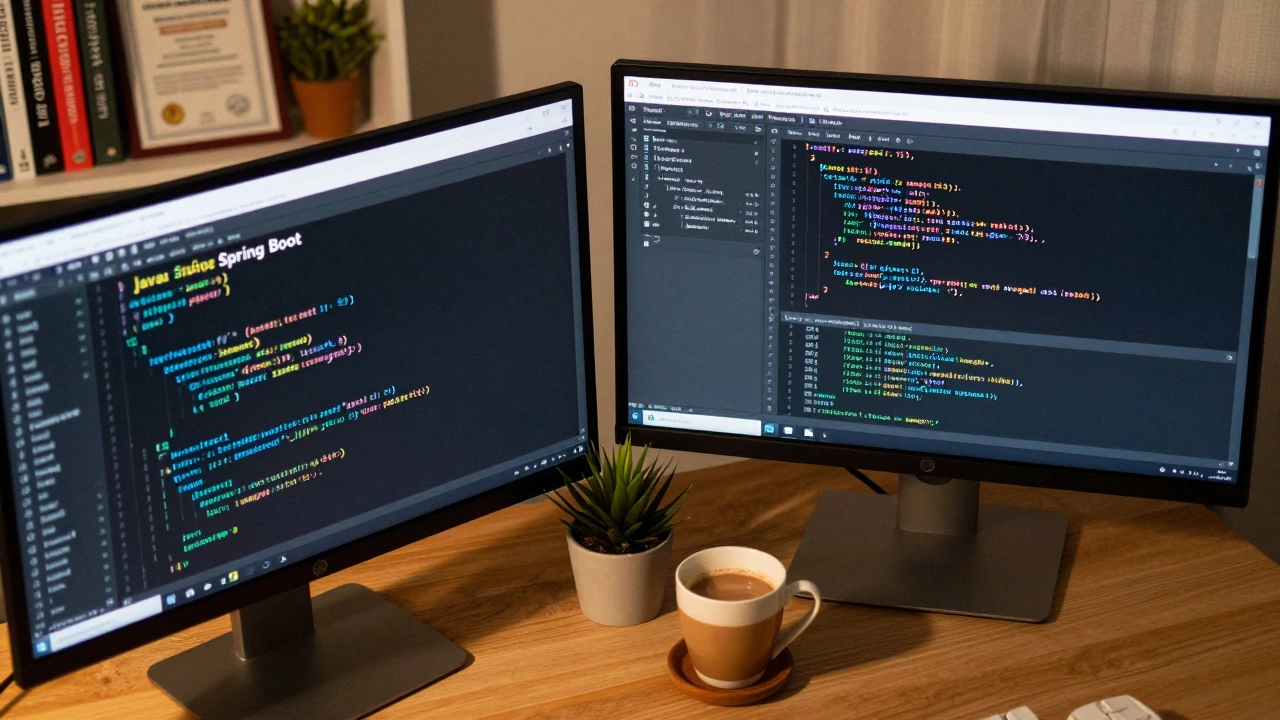 Developer desk with Java and Python code on dual monitors
