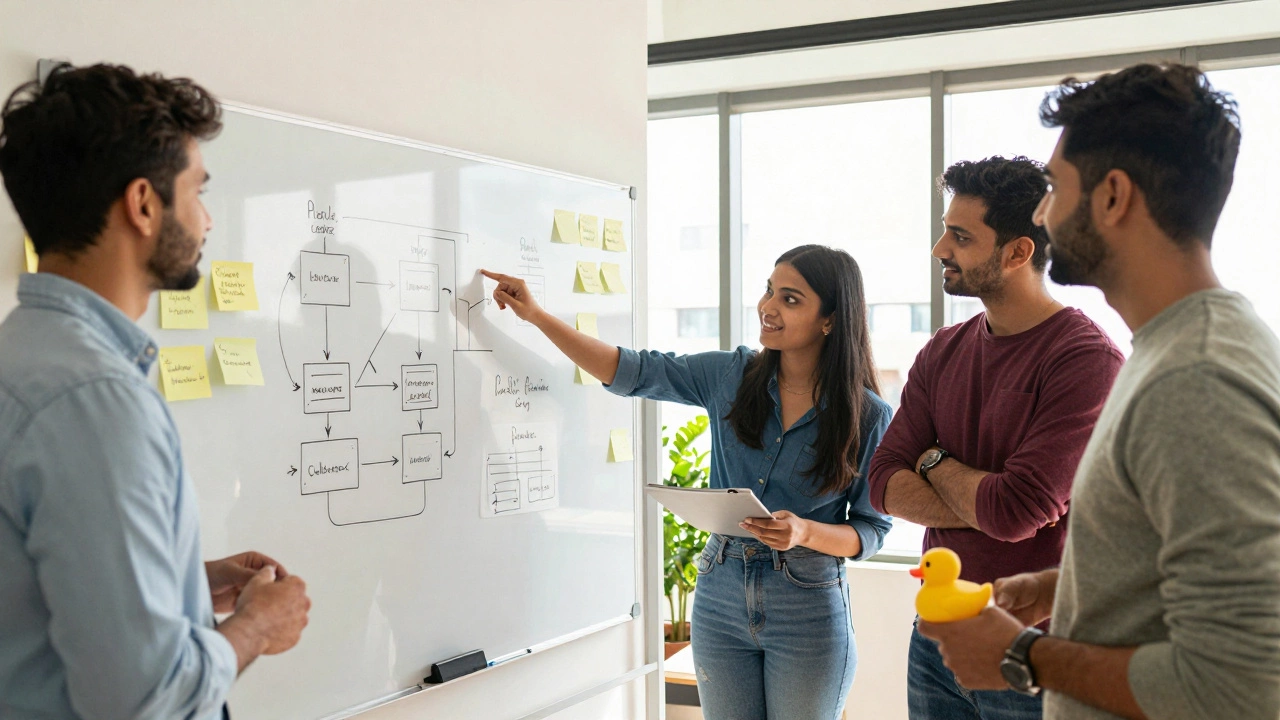 Developers collaborating happily around a whiteboard diagram