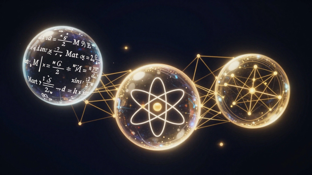 Glowing spheres of math, chemistry, and physics connected by logic lines.