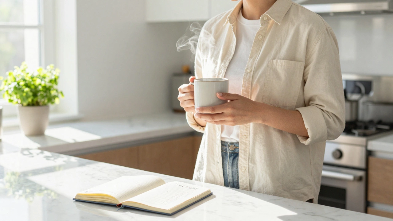Individual narrating daily tasks while making coffee in a bright kitchen
