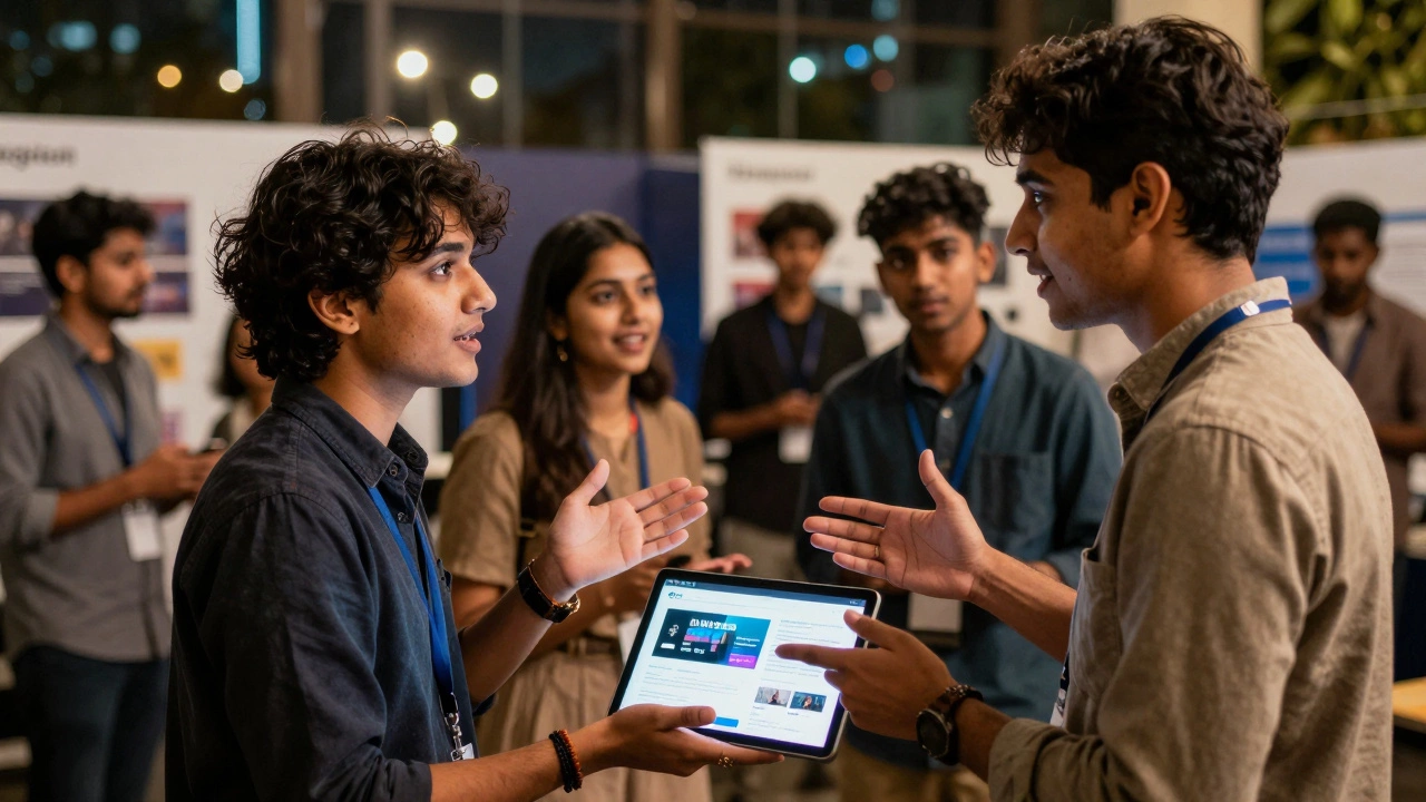 Junior tech professionals networking and sharing portfolios at meetup