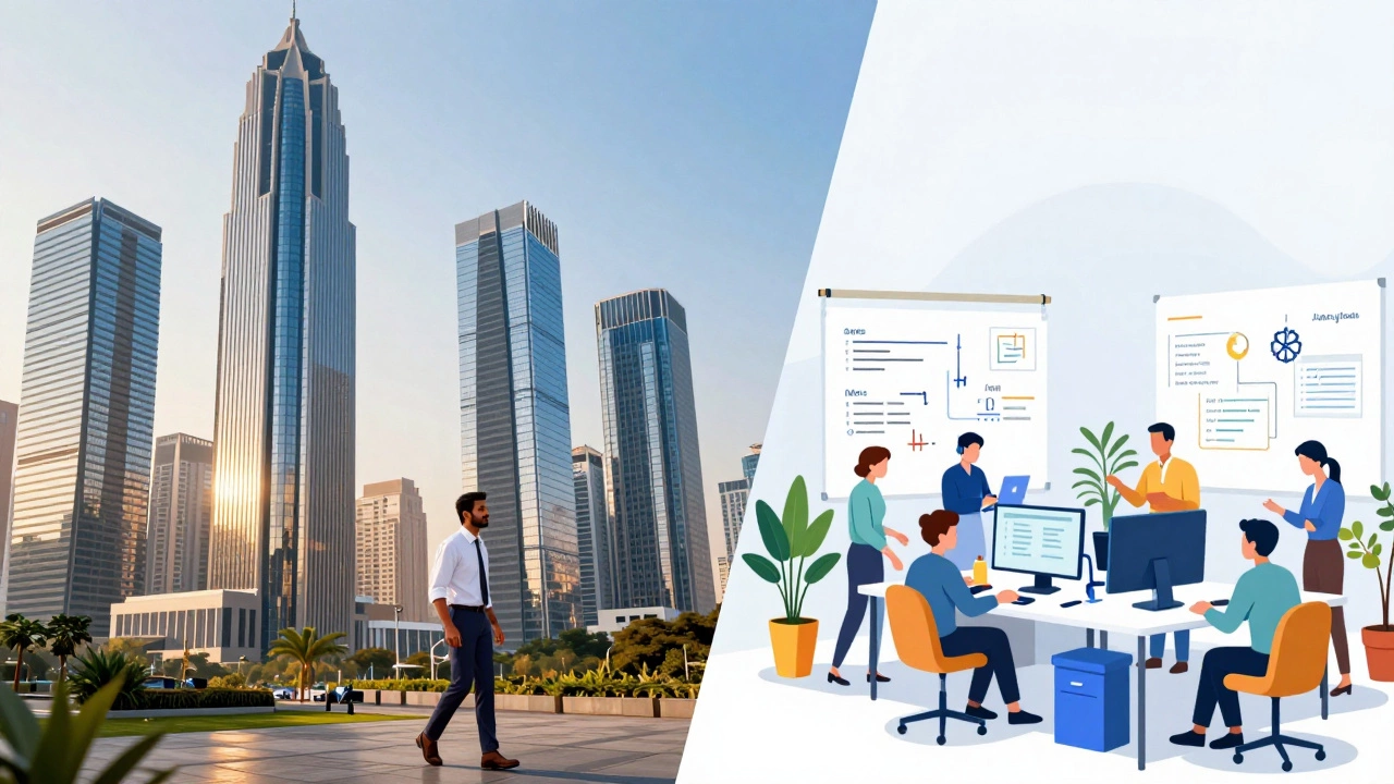 Split view of finance towers for Java and startup offices for Python
