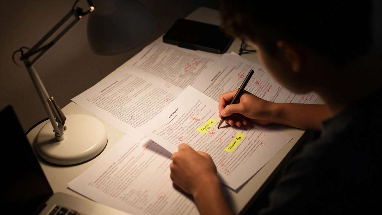 Student analyzing marked-up exam papers under a lamp at night