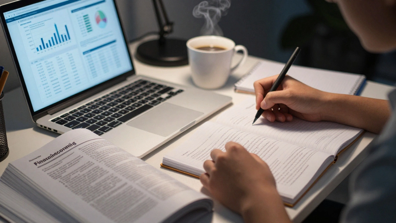 Student studying finance and accounting textbooks with laptop and coffee