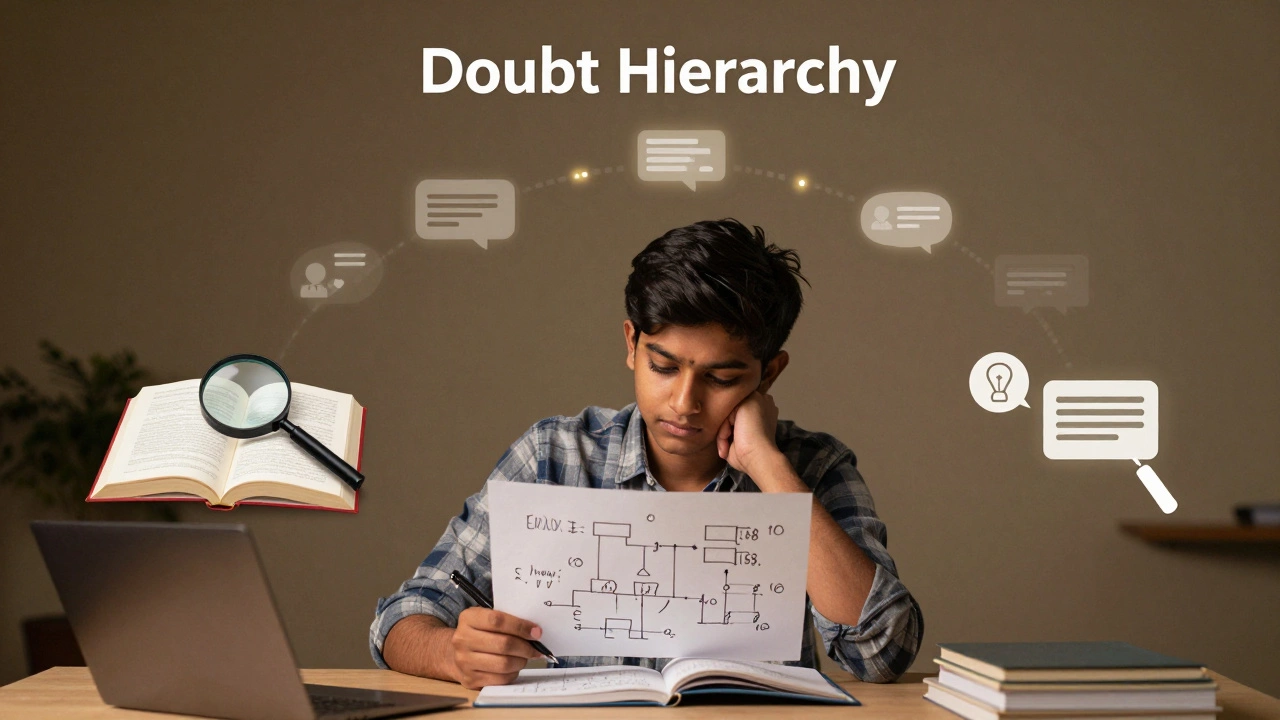 Student thinking deeply with abstract symbols of doubt resolution around them