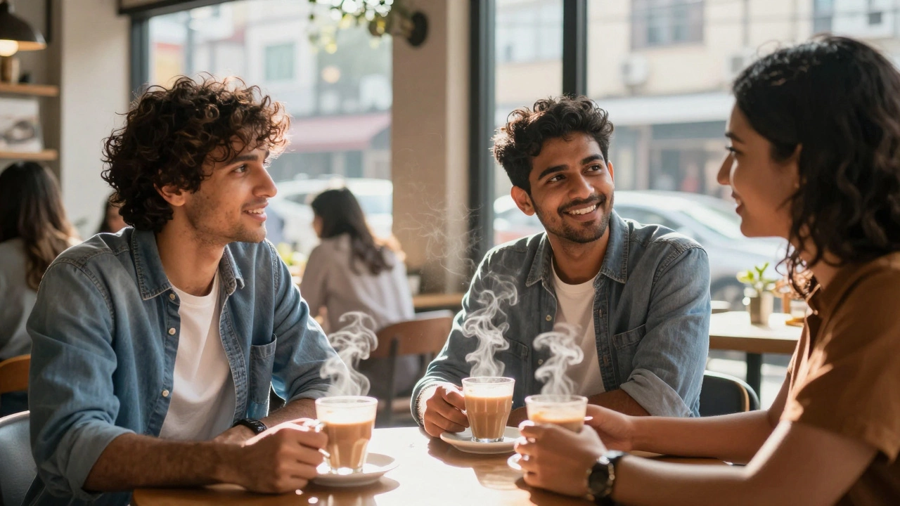 Two friends chatting happily over coffee in a sunny cafe