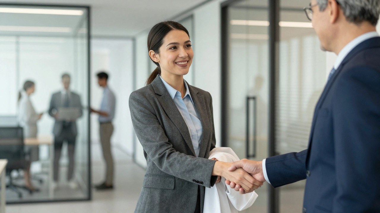 Woman transitioning from science to business leadership in a corporate office
