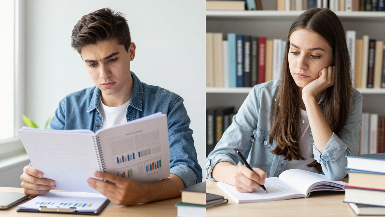 Commerce and Arts students studying intensely at desks