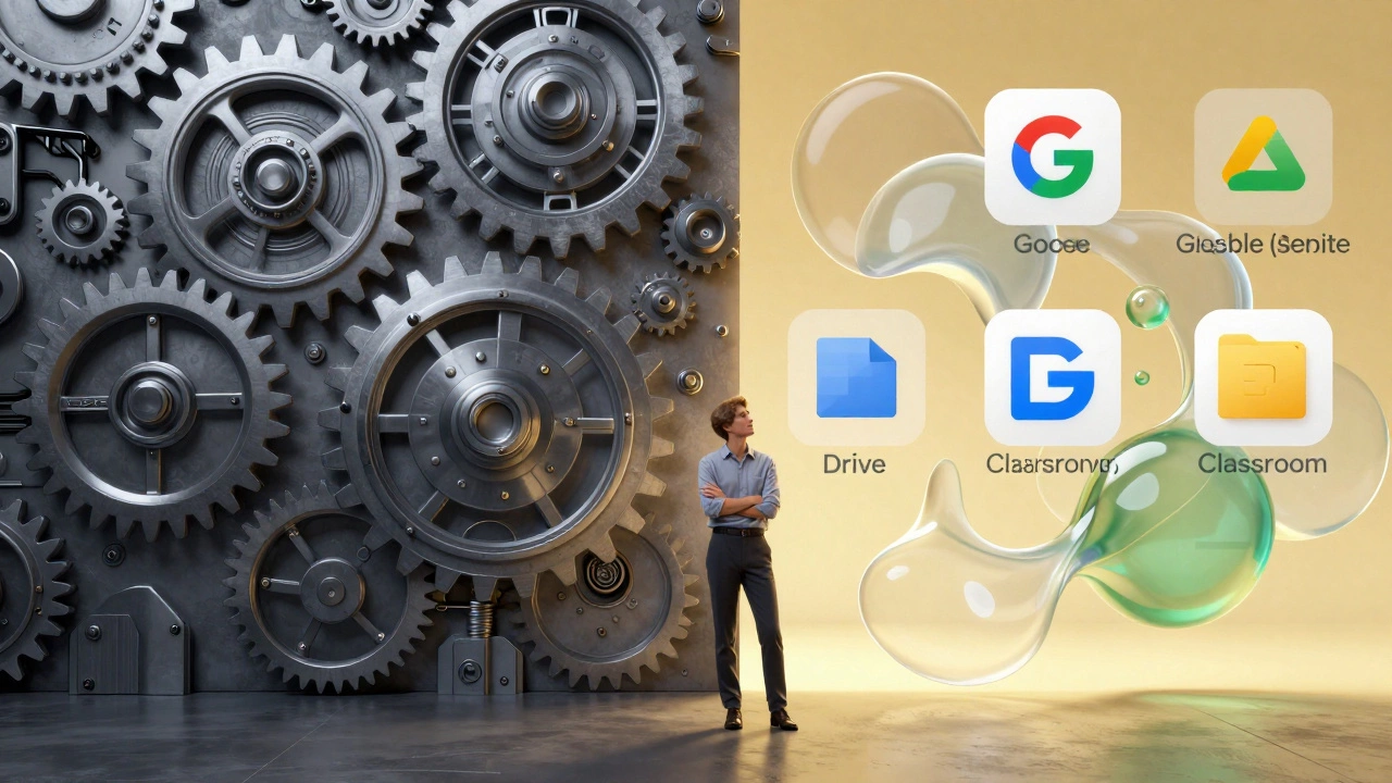 Conceptual art comparing rigid traditional LMS gears with fluid, flexible Google tools.