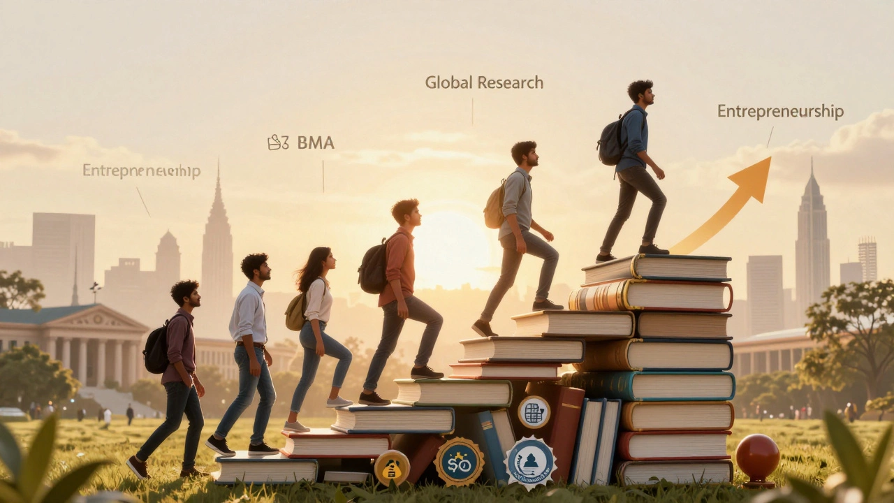 Engineers climbing stairs toward higher education and startup success