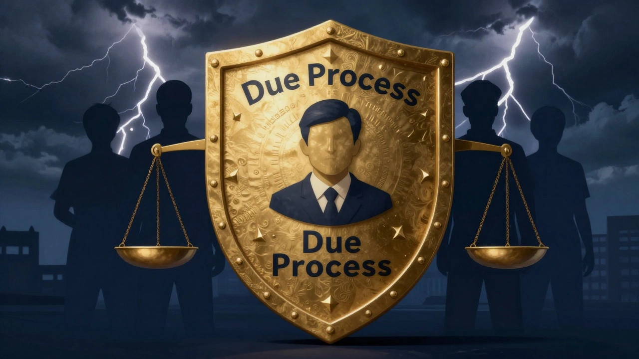 Golden shield of due process protecting a government badge from stormy threats.