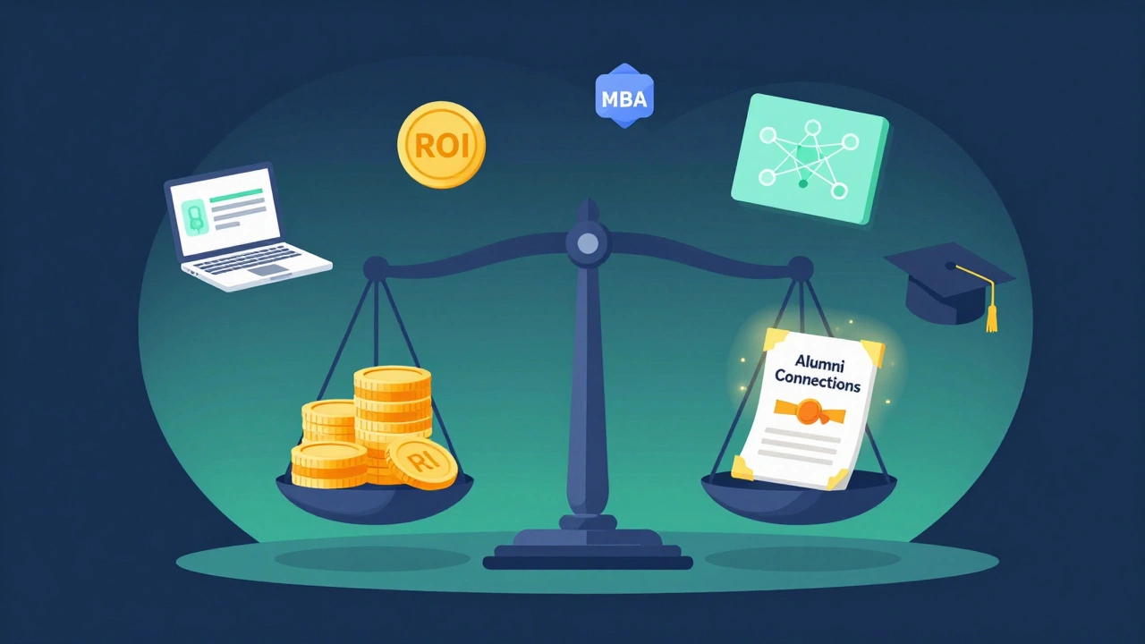 Illustration of a scale balancing ROI costs against alumni network value
