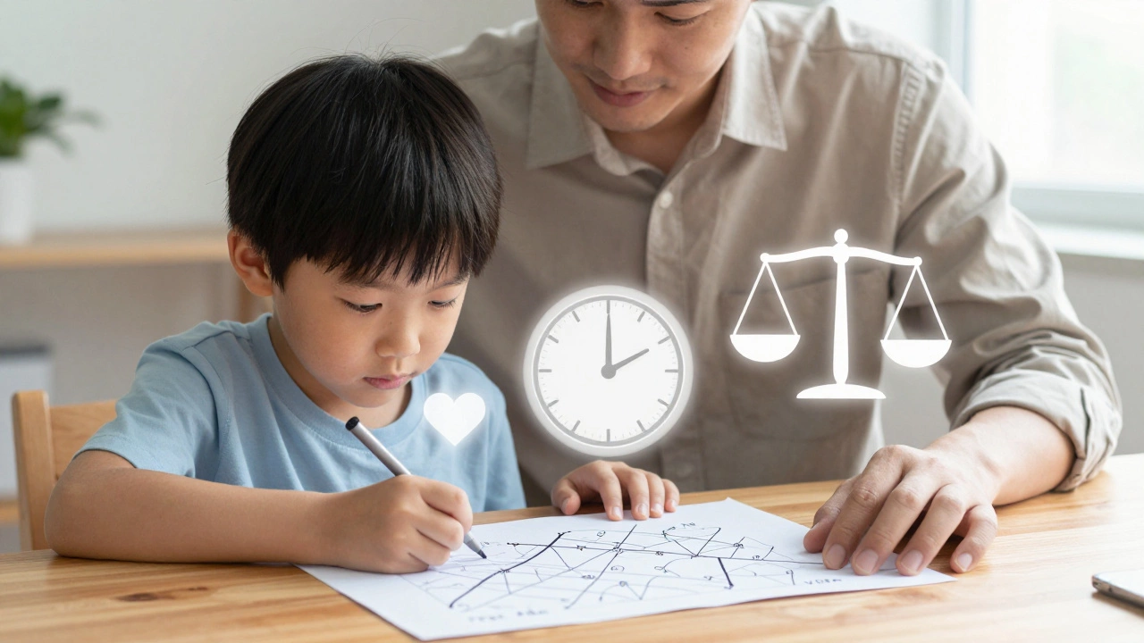 Parent and child discussing school choices with symbols of balance and care.