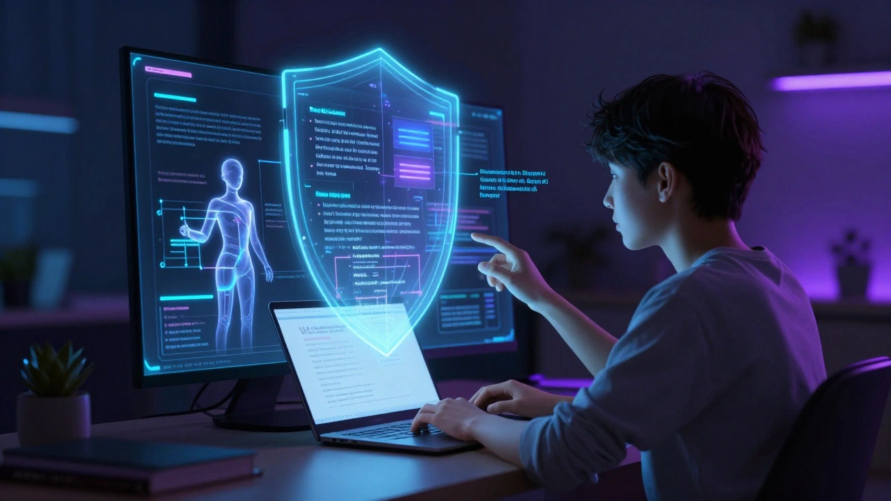 Student using a laptop with holographic AI data streams analyzing their work.