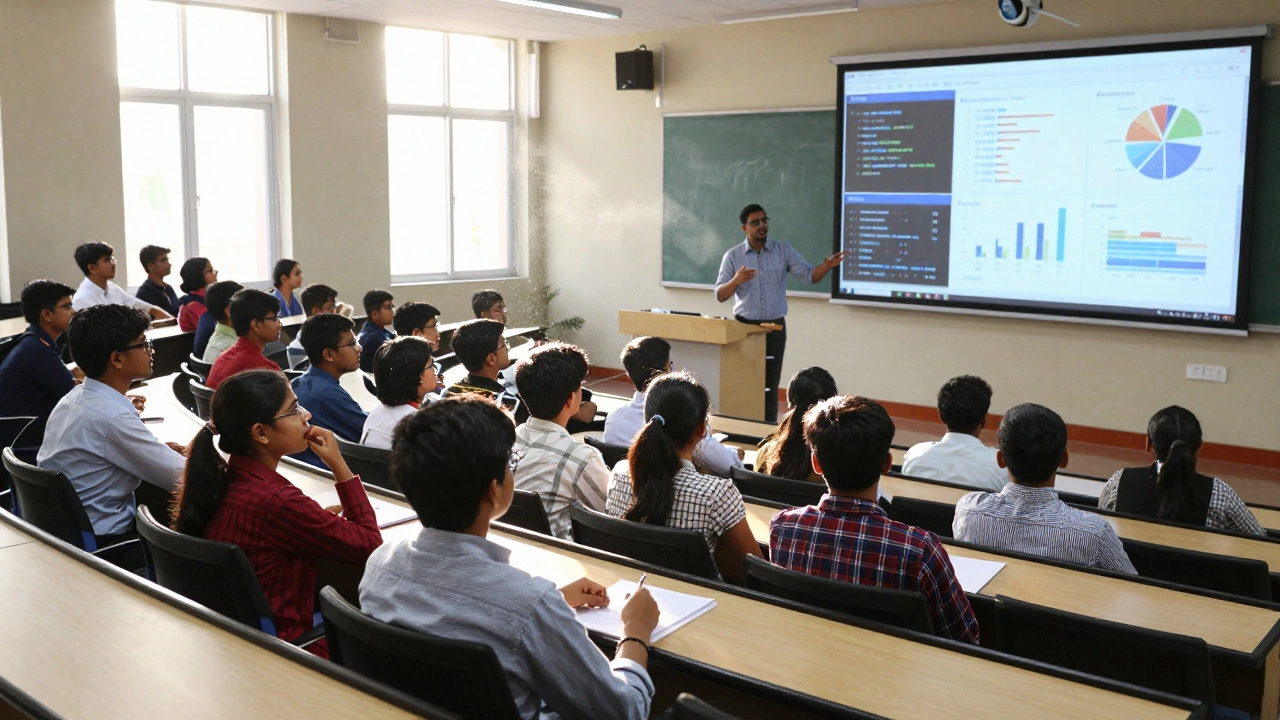 Students engaging in a dynamic business class with data analytics visuals
