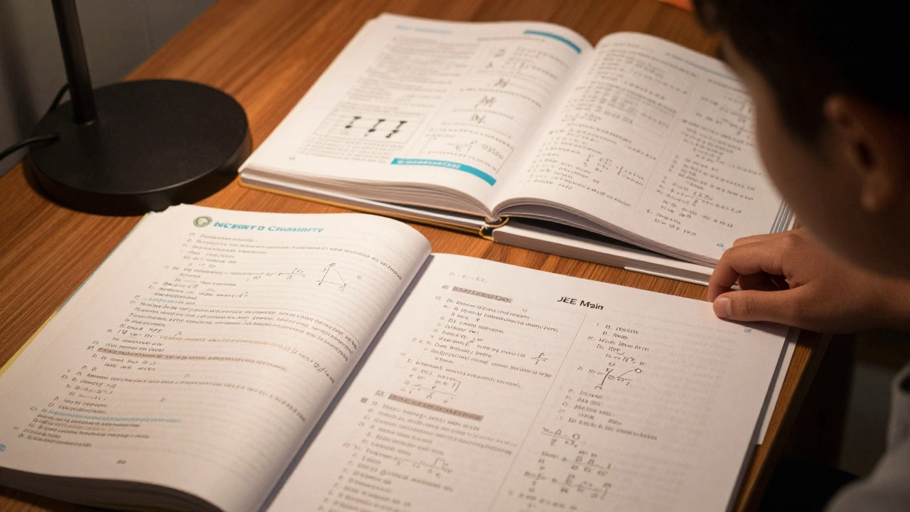 Study desk contrasting basic NCERT texts with advanced physics books