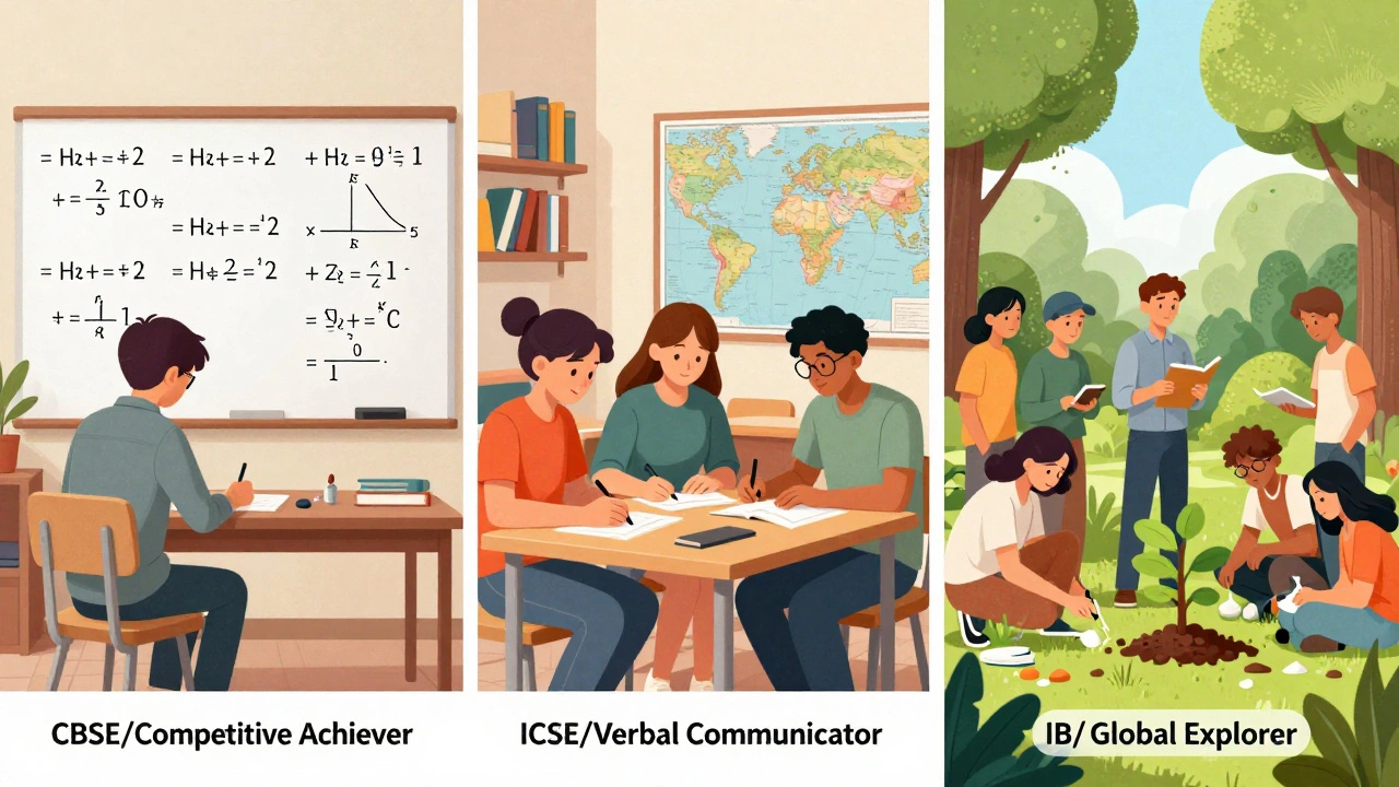 Three students studying in different styles: math, debate, and field research.