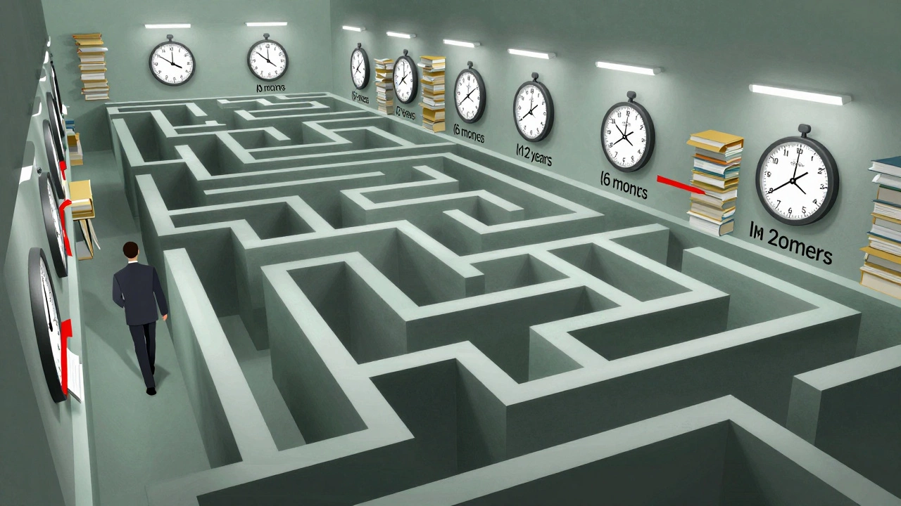 Worker navigating a complex maze of clocks and files representing long termination processes.