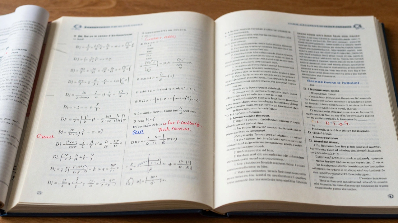 Close up of rigorous math textbook next to creative literature text