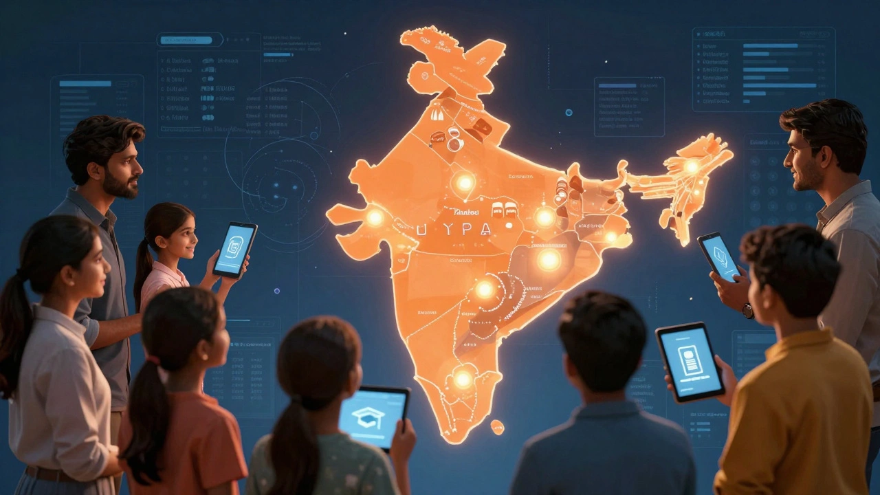 Parents viewing a glowing map of India highlighting CBSE school locations