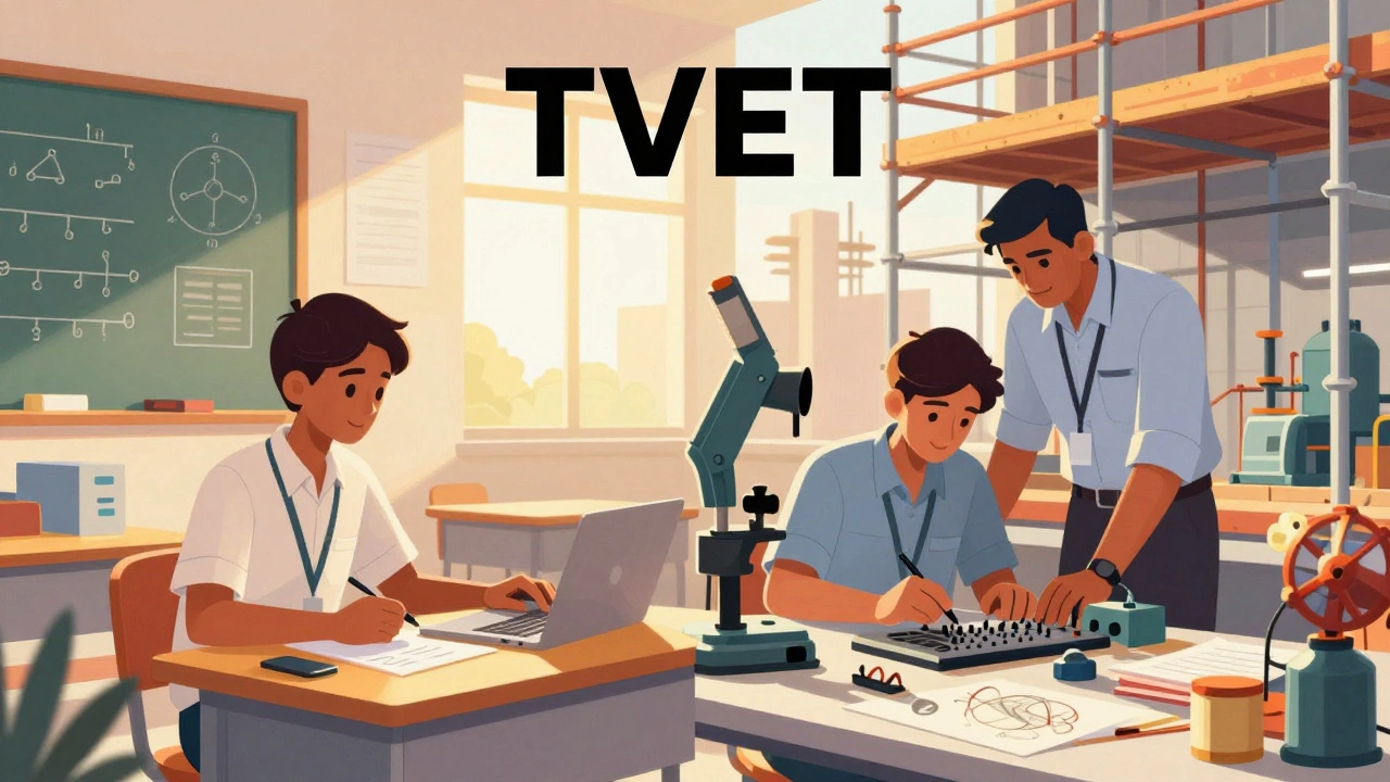 Split view of classroom learning and on-site apprenticeship training
