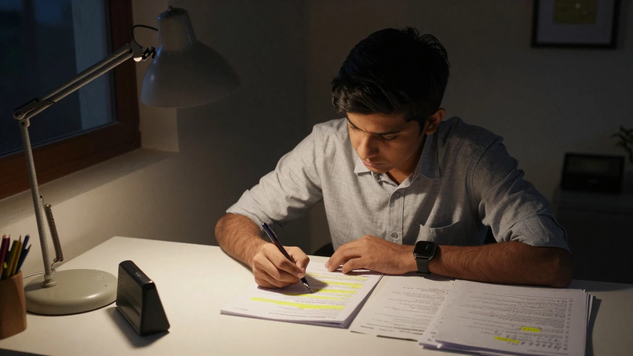 Student analyzing mock test results under a desk lamp