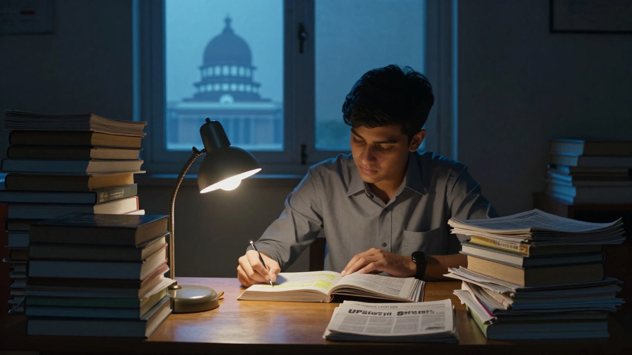 Student studying intensely for civil services exams at night