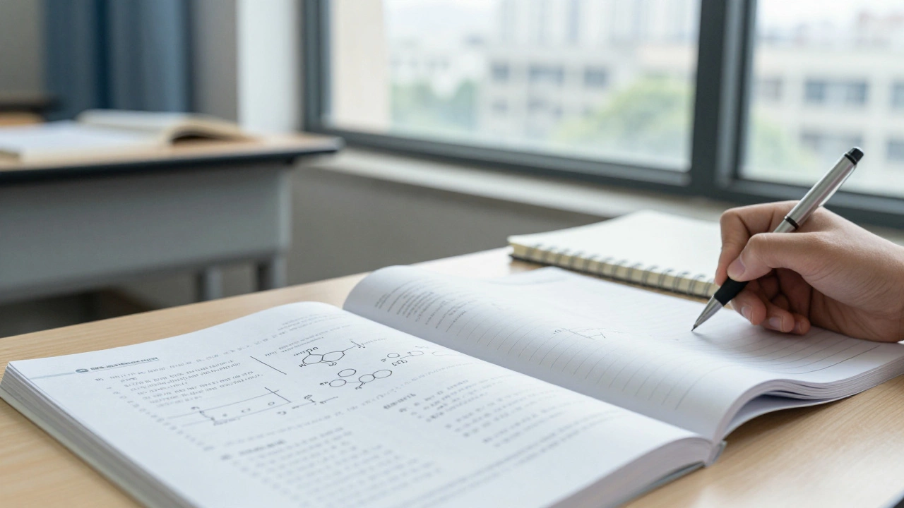 Student studying physics and chemistry textbooks in a bright classroom