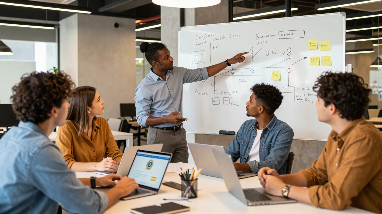 Team collaborating on project management strategies in a modern office