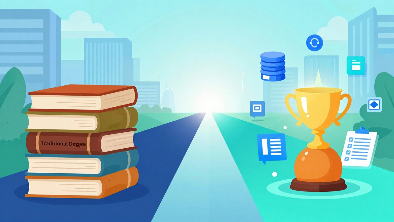 Vector illustration comparing easy online courses to difficult traditional degrees