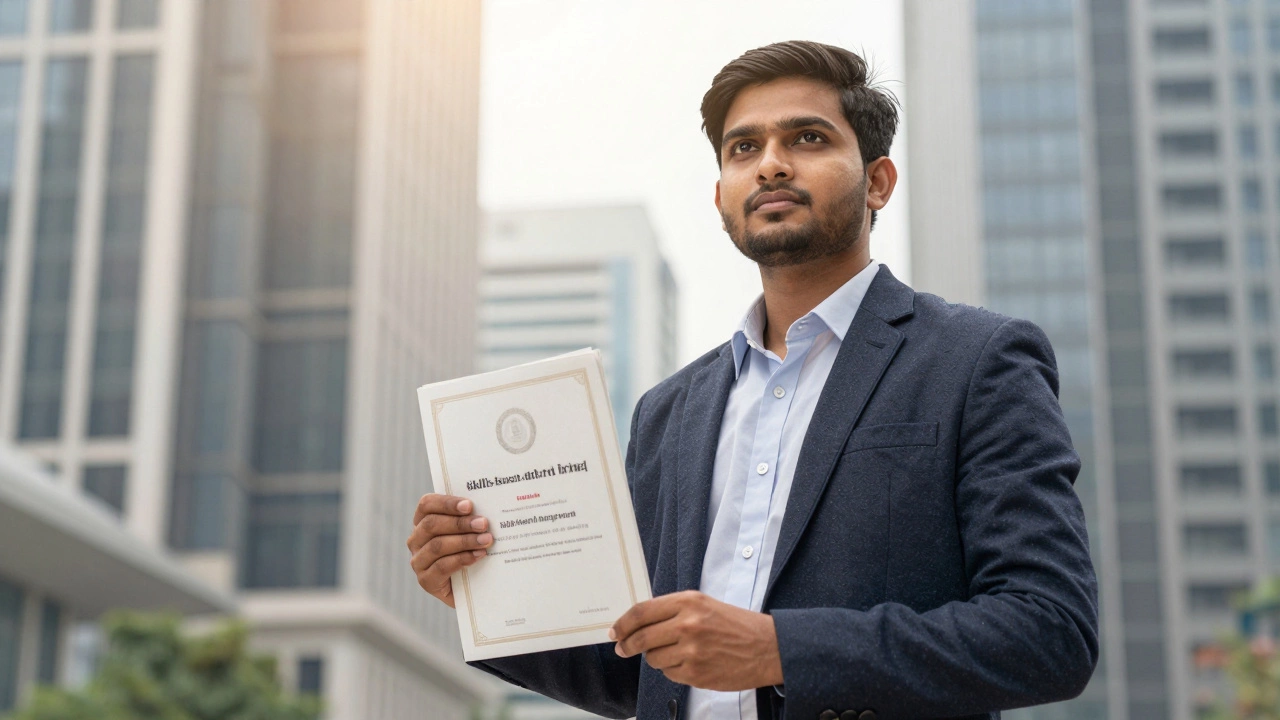 Young professional holding credentials against a city skyline