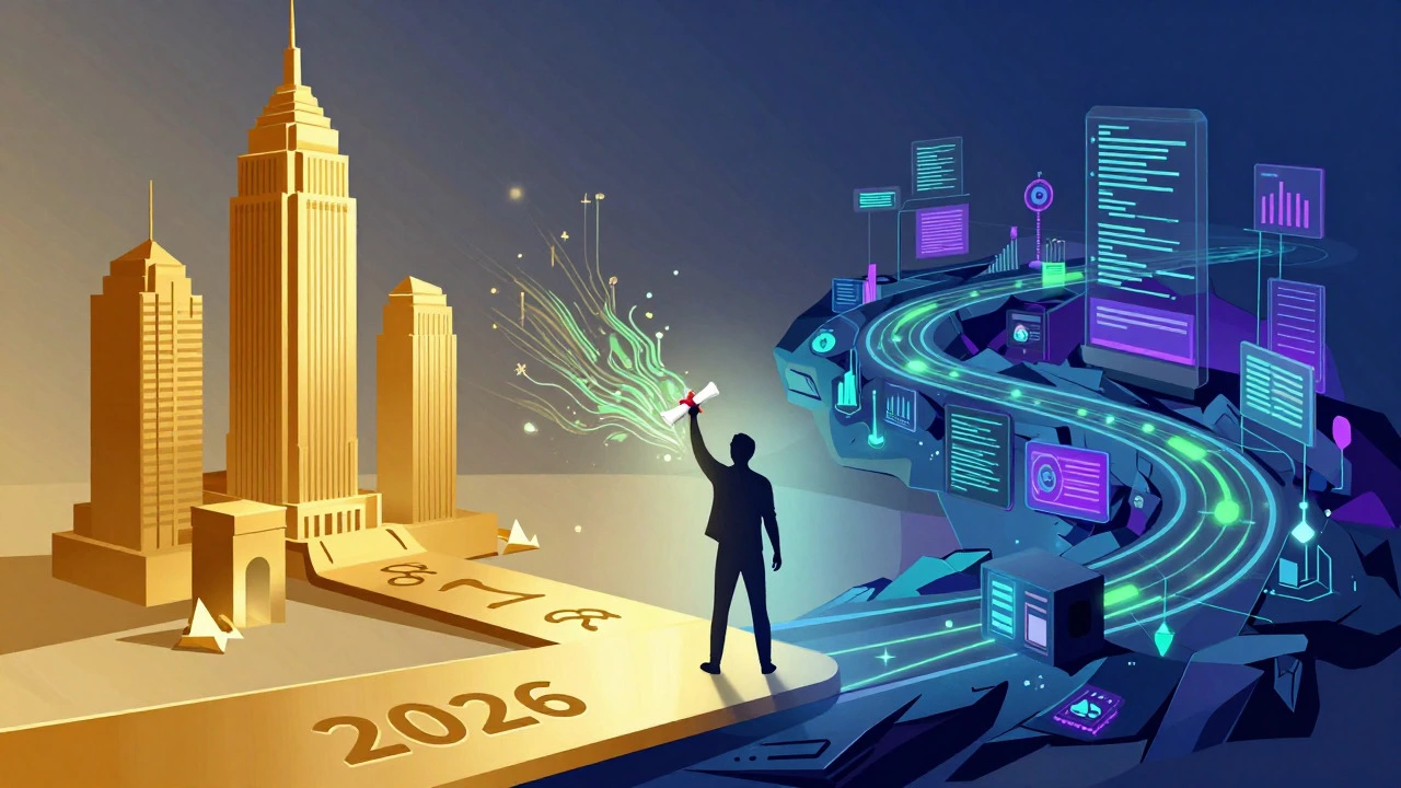 Abstract illustration of diverging career paths in finance and technology