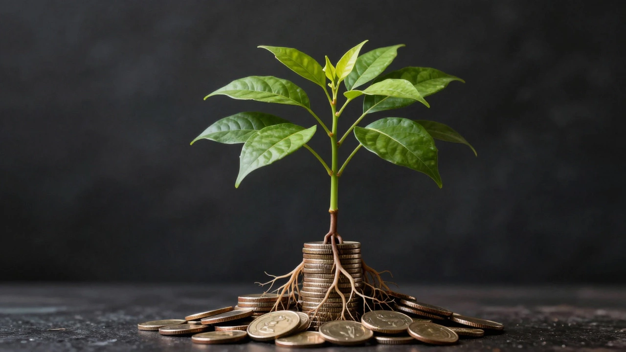 Coins growing into a plant symbolizing retirement savings